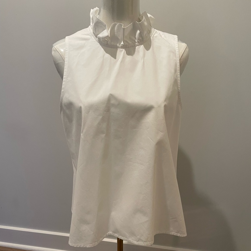 Claudette White Linen Ruffle Neck Bow-Back Top (NWOT)